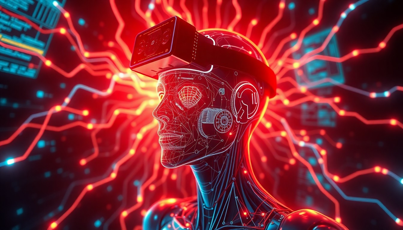 A highly detailed, glowing 3D illustration of a human head with a head-mounted camera device, surrounded by a swirling array of neon-lit digital data streams and robotic limbs, conceptually representing the harvesting of human motion capture data to train AI systems.