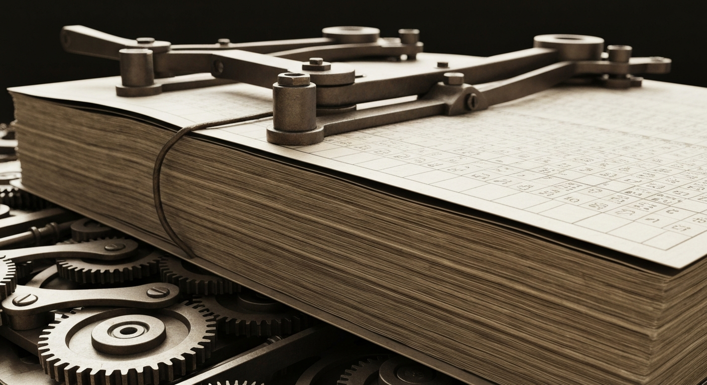 A close-up of a complex, industrial-looking financial ledger or accounting book, with intricate mechanical gears and levers in the background, conveying the gravity and complexity of financial institutions and their record-keeping.