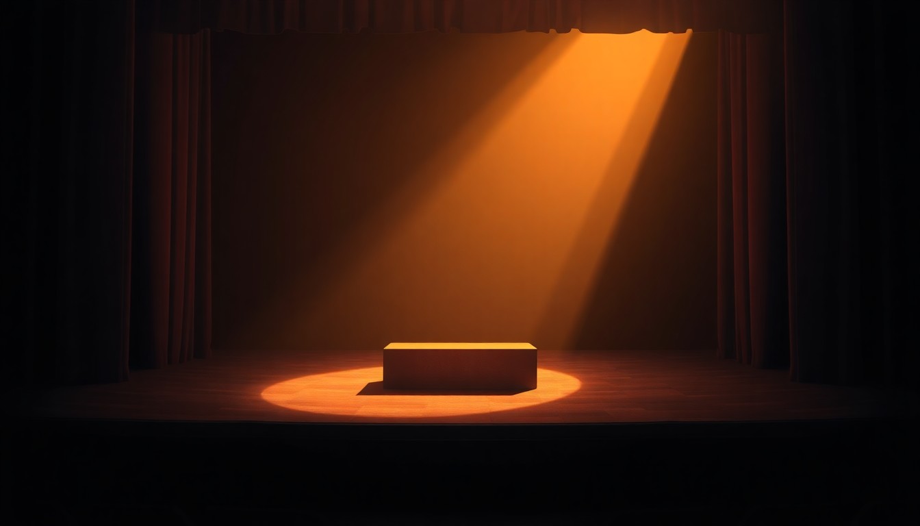 A quiet, cinematic painting of an empty podium on a dimly lit stage, with warm diagonal sunlight and deep shadows creating a sense of anticipation and drama.