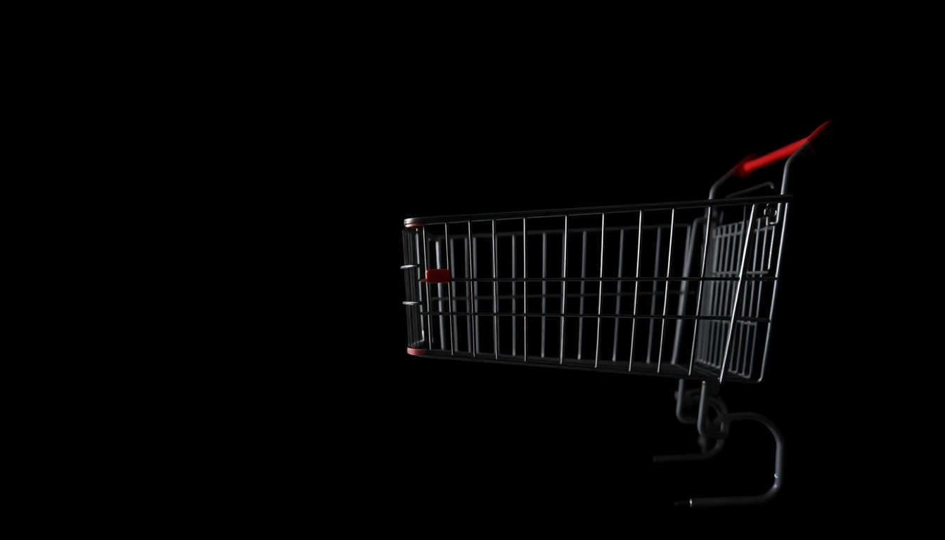 An extreme close-up photograph of a shopping cart wheel against a pitch-black background, lit by a harsh, direct camera flash, conceptually representing the investigation into a retail theft incident.