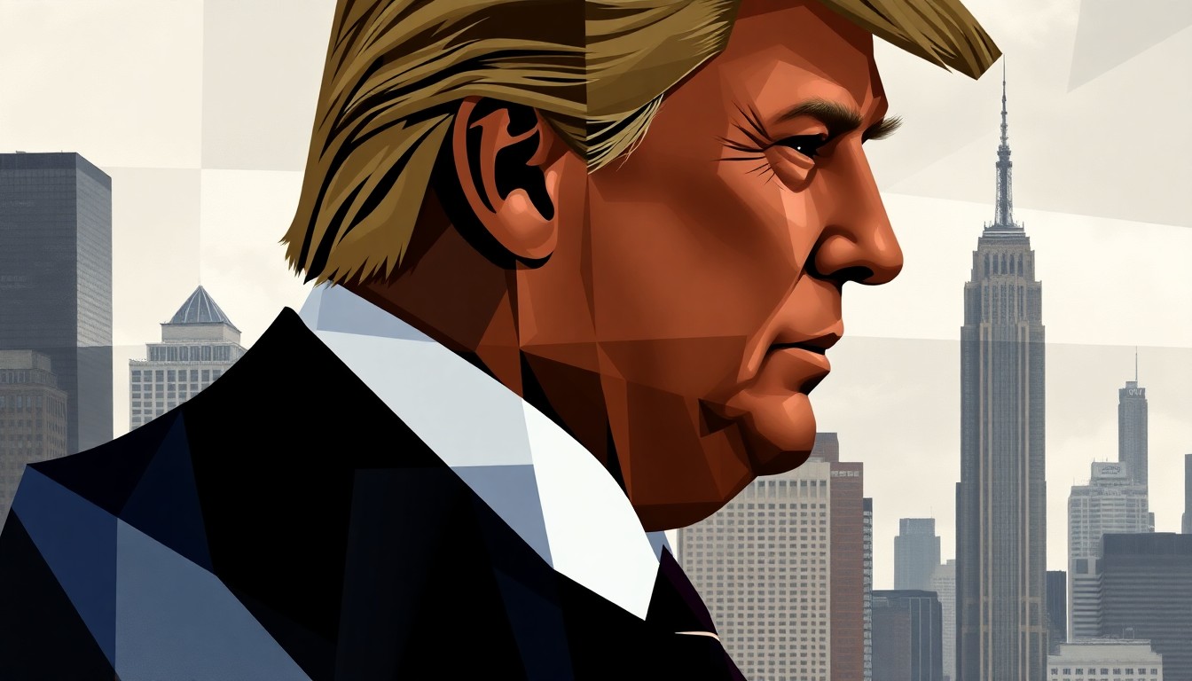 A fractured, overlapping geometric painting depicting the silhouette of a businessman against a backdrop of skyscrapers, representing the blurred lines between private business interests and public policy decisions.