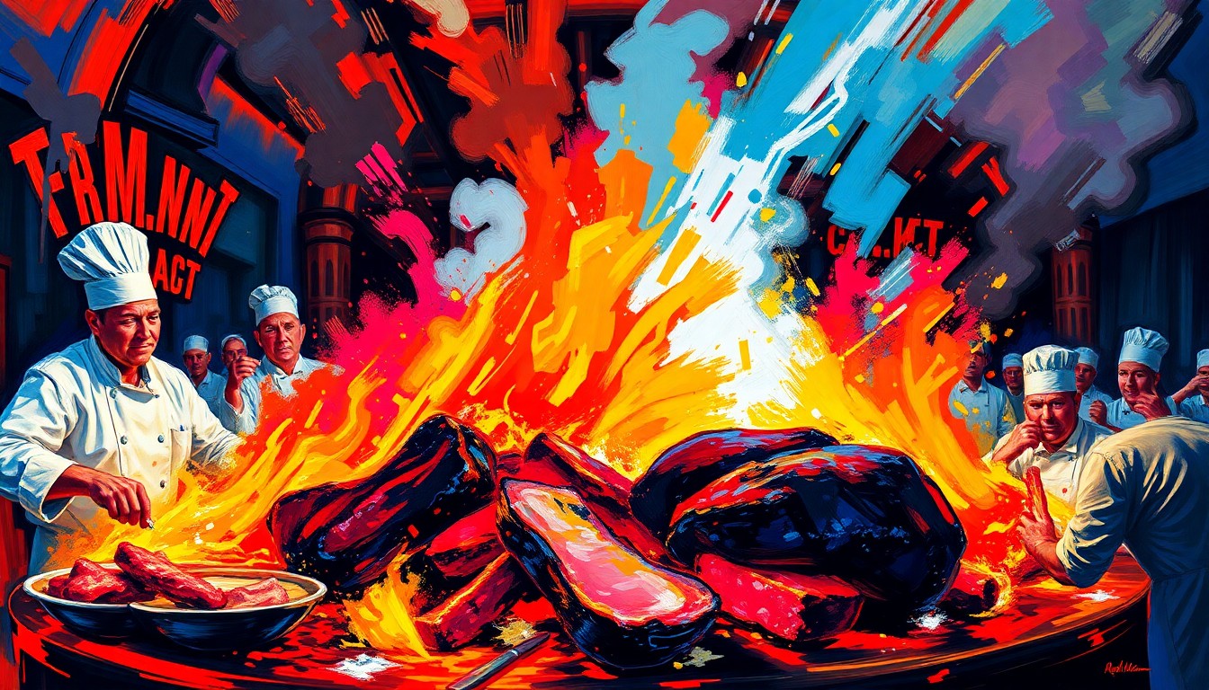 An abstract expressionist painting in vibrant neon colors, capturing the dynamic movement and passion of a competitive barbecue event, with indistinct figures of chefs and judges amidst sizzling meat and swirling smoke.