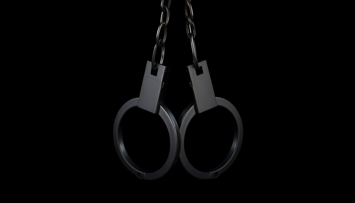 An extreme close-up photograph of a pair of handcuffs against a pitch-black background, lit by a harsh, direct camera flash, conceptually representing the exploitation of vulnerable individuals within the bail bond system.