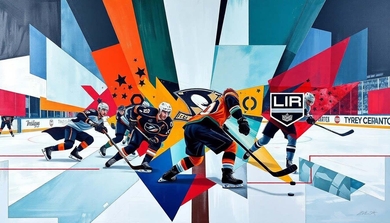 A dynamic, abstract painting featuring overlapping geometric shapes and planes in the team colors of the Philadelphia Flyers, Anaheim Ducks, and Los Angeles Kings, conveying the intensity of the final push for NHL playoff positions.