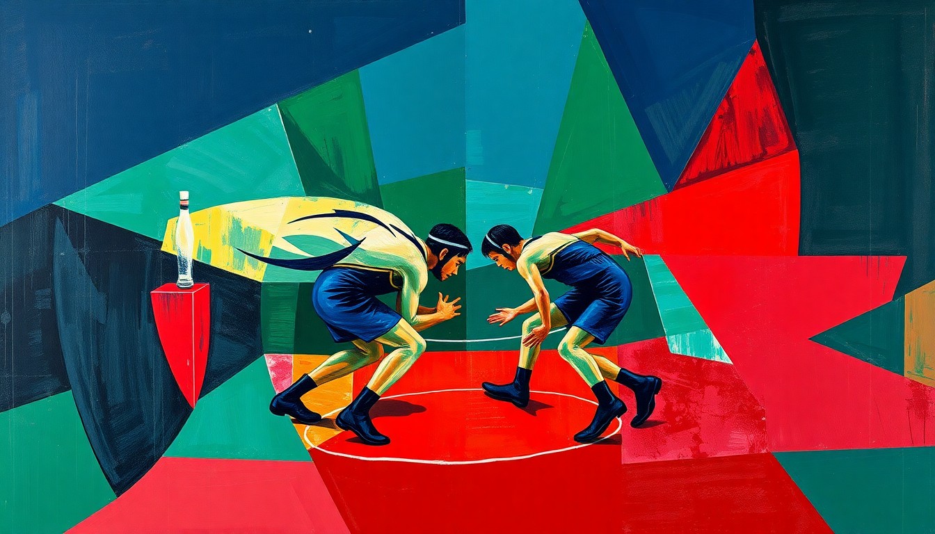 A cubist, geometric painting depicting the intense action and movement of a high school wrestling match, with overlapping planes of navy, green, and red conveying the sport's raw energy and competitive spirit.