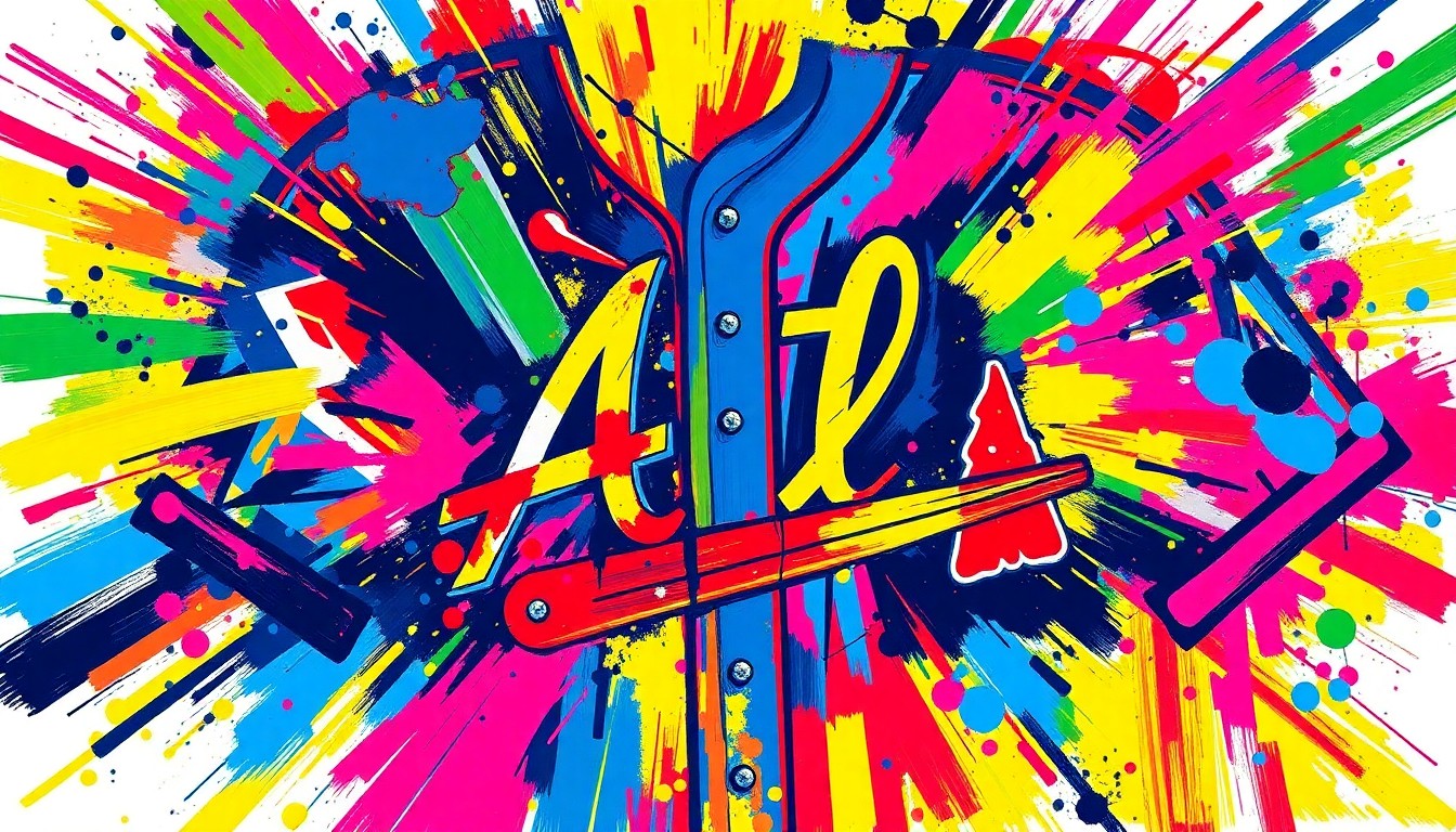 An abstract, expressionist painting in vibrant neon colors depicting the movement and energy of the Atlanta Braves' new 2026 Nike City Connect uniform, with the 'ATL' logo from the 1990s TBS broadcasts dissolving into colorful brushstrokes.