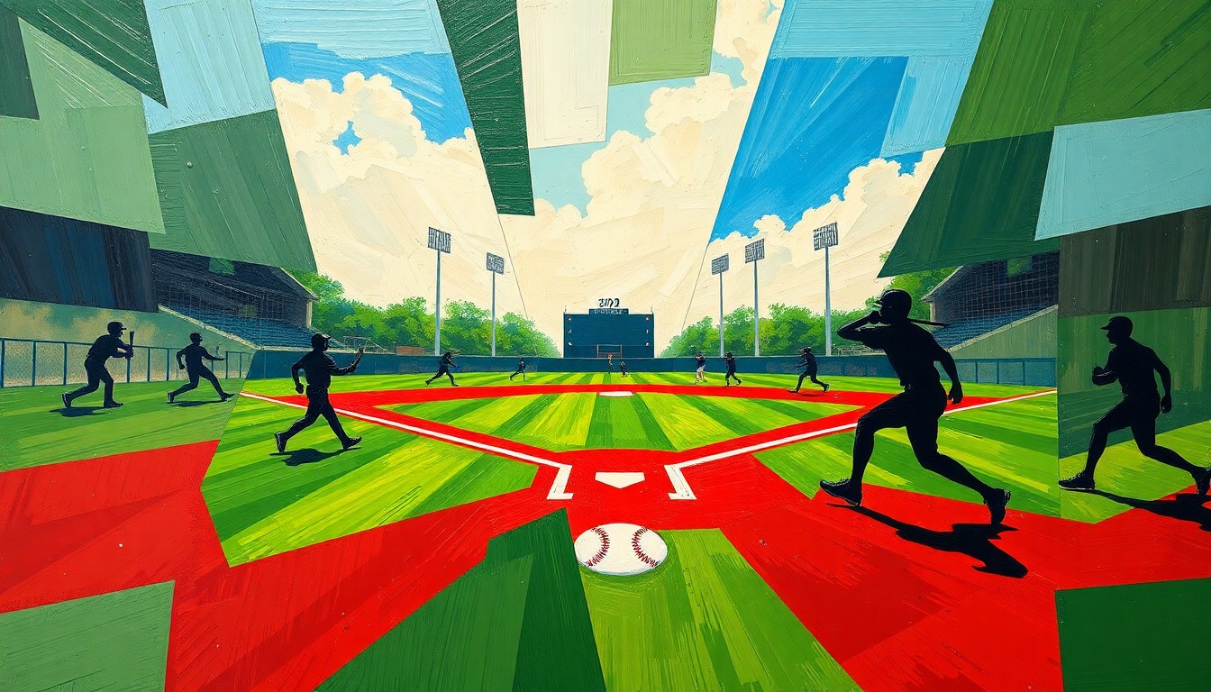 A fragmented, geometric painting depicting the dynamic movements and energy of a high school baseball game, with players' forms broken down into overlapping planes of color and shape.