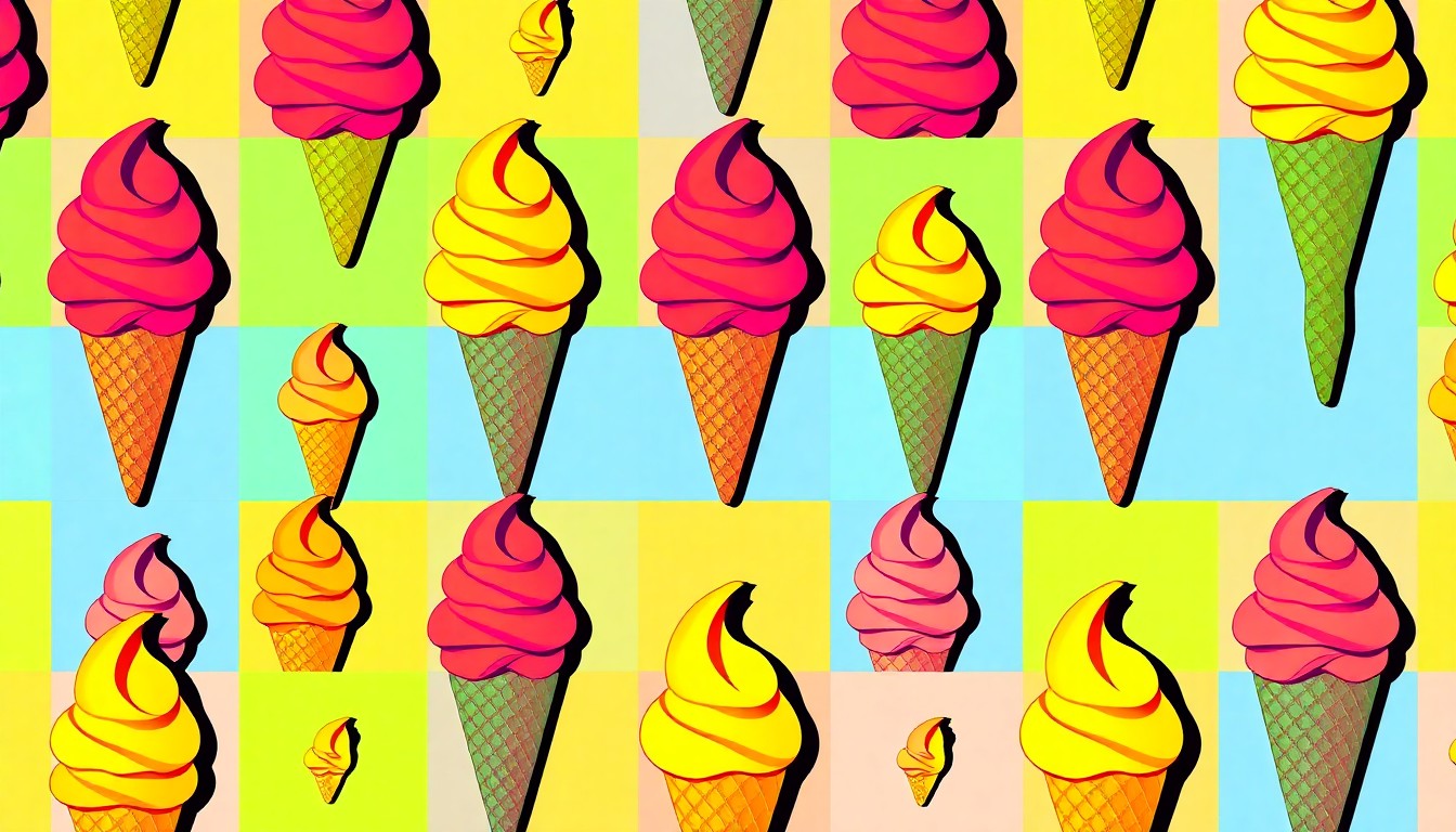 A visually striking, abstract grid of brightly colored ice cream cones in a pop art style, conceptually representing the fun and flavor of a new local dessert shop.