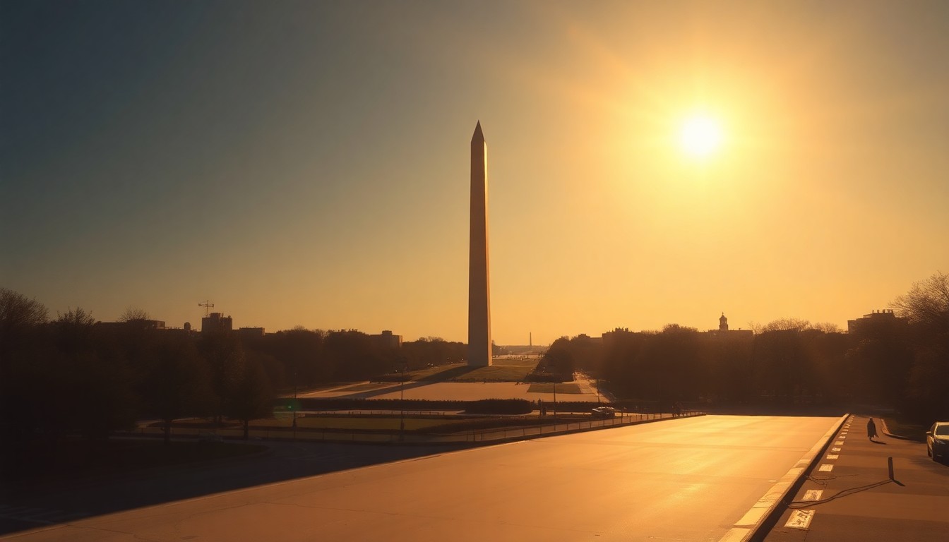 A serene, painterly depiction of the iconic Washington Monument, its grand silhouette rendered in soft, warm tones that evoke a sense of civic contemplation and change.
