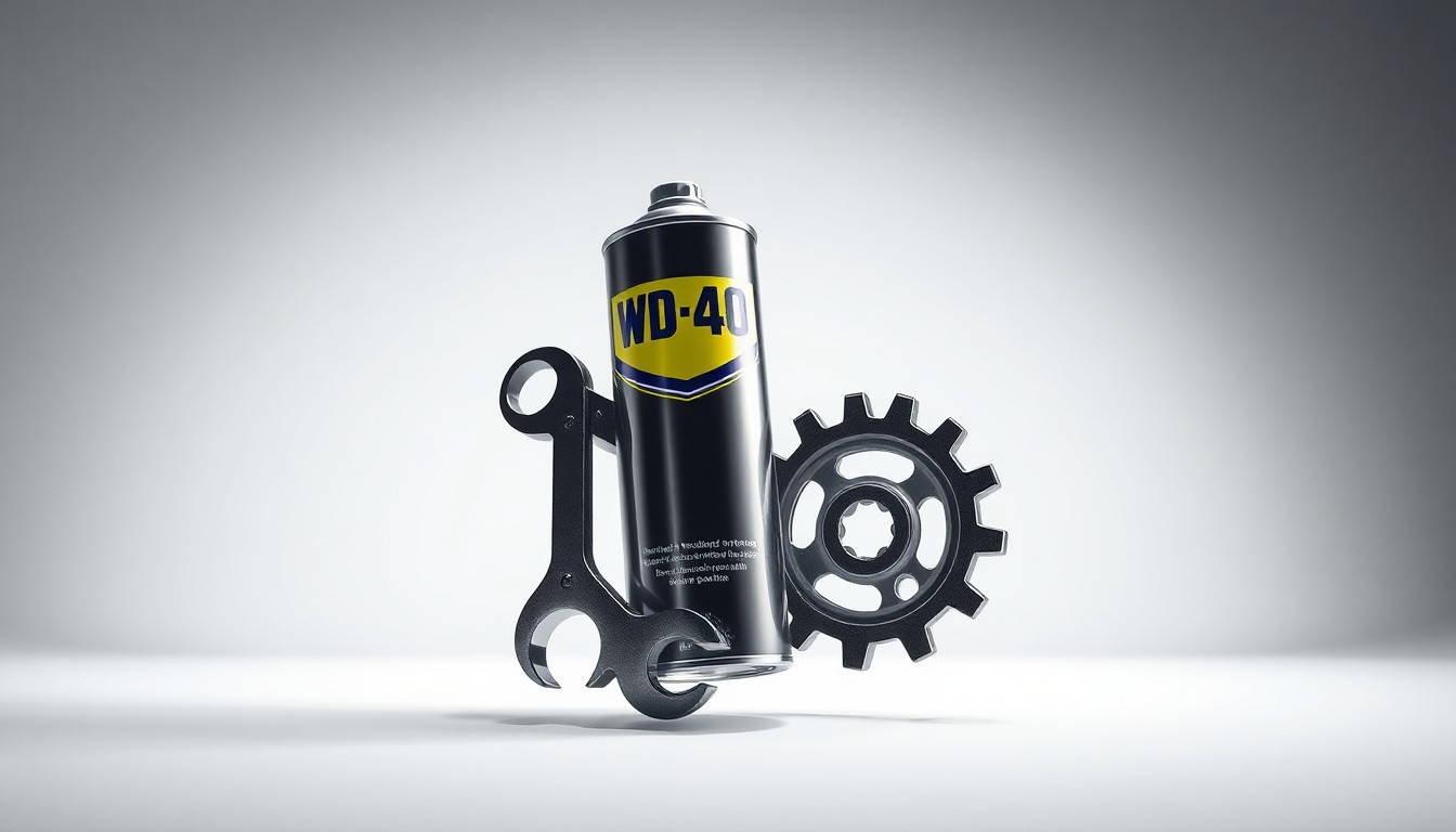 A high-end, photorealistic studio still-life photograph featuring a polished metal WD-40 can, a wrench, and a gear floating elegantly on a clean, monochromatic background, conceptually representing the company's corporate strategy and innovation in the specialty chemicals industry.