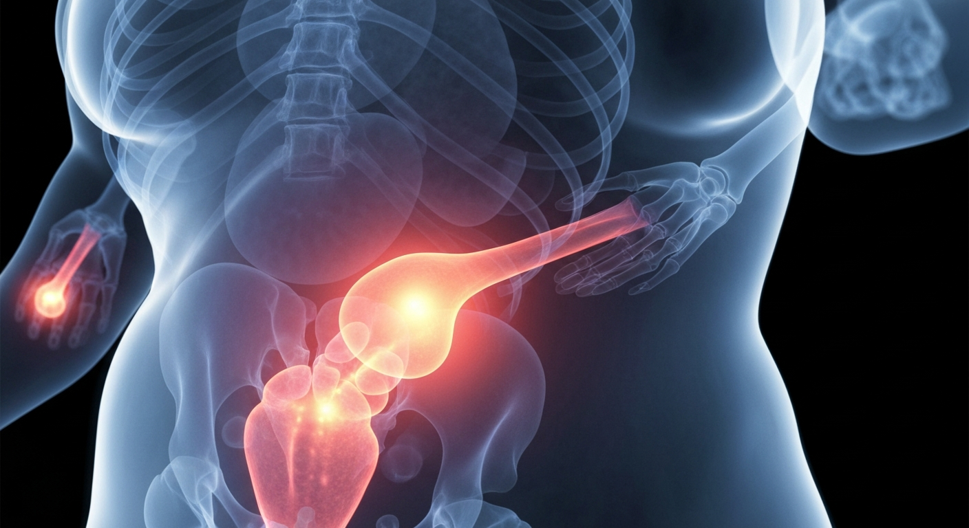 A translucent, ghostly X-ray image showing the skeletal structure of the female reproductive system, with the organs affected by HPV-related cancers glowing faintly, conveying the personal and clinical nature of this health issue.