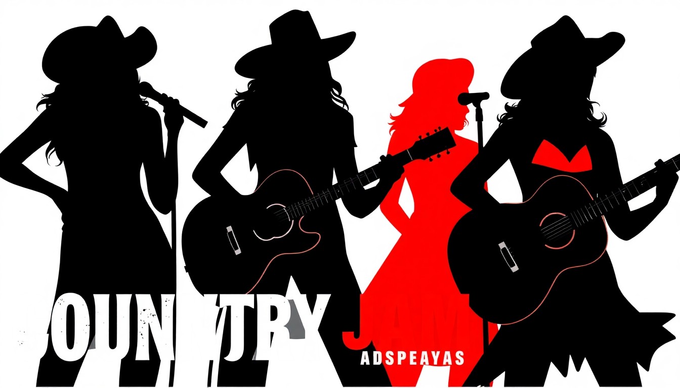 An abstract, minimalist illustration featuring stark, jagged geometric shapes and bold silhouettes in high-contrast colors, conceptually representing the all-female country music lineup of the Country Jam Naples festival.