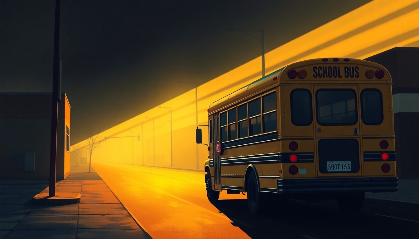 A serene, photorealistic painting of a lone school bus parked on a quiet street, its yellow exterior glowing in the warm afternoon light and casting long shadows across the pavement, conveying a sense of contemplation and resilience in the face of adversity.