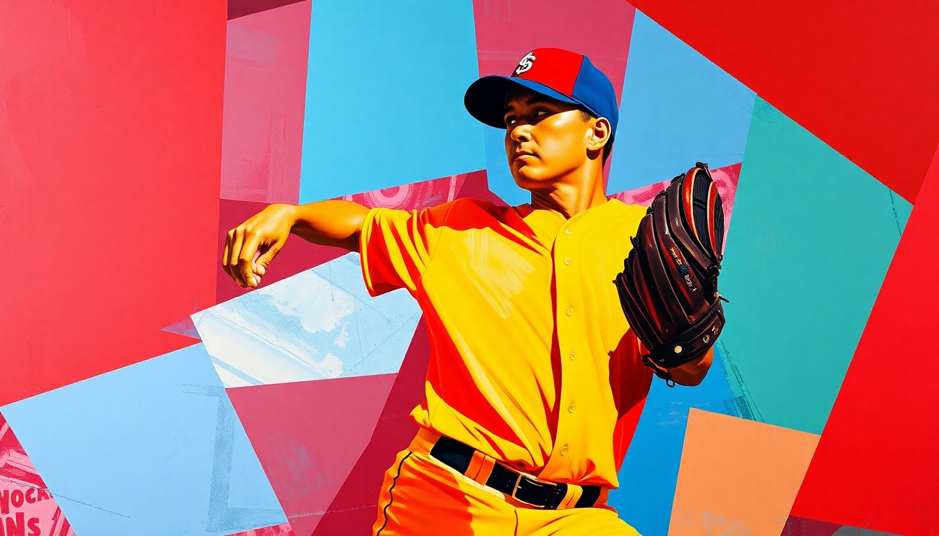 A fragmented, geometric painting depicting a baseball pitcher's delivery broken down into sharp, overlapping planes of color, conceptually representing the disconnect between his mechanics and the high exit velocity of batted balls.