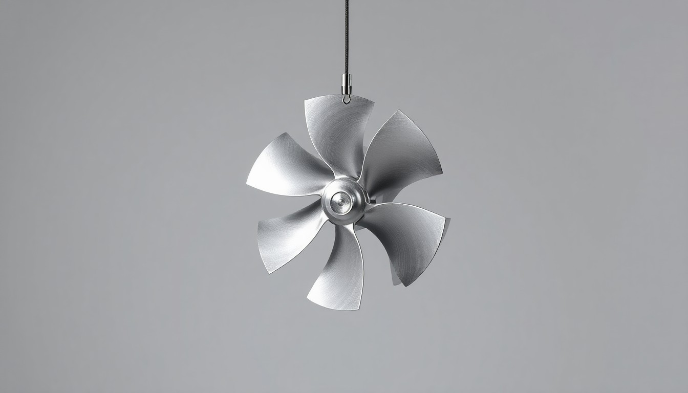 A highly detailed, photorealistic studio photograph of a polished metal water turbine impeller suspended against a clean, monochromatic grey background, conveying the advanced engineering and sustainable energy focus of the proposed hydroelectric facility.