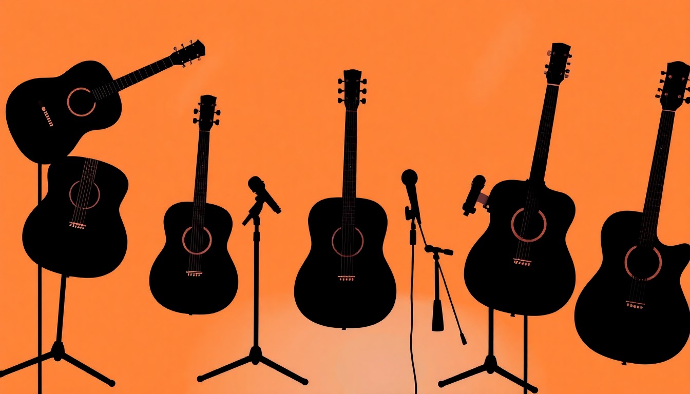 An abstract illustration featuring overlapping black silhouettes of acoustic guitars, microphones, and other folk music elements, set against a vibrant gradient background, conceptually representing the energy and artistry of a 1960s-inspired concert event.
