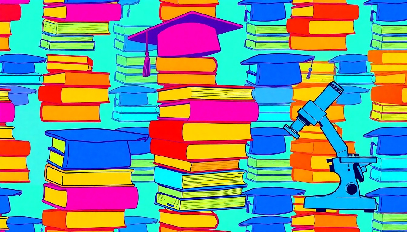 A vibrant, abstract grid of academic objects like books, microscopes, and graduation caps in bold, neon colors, conceptually representing the educational focus of the Indigenous symposium.
