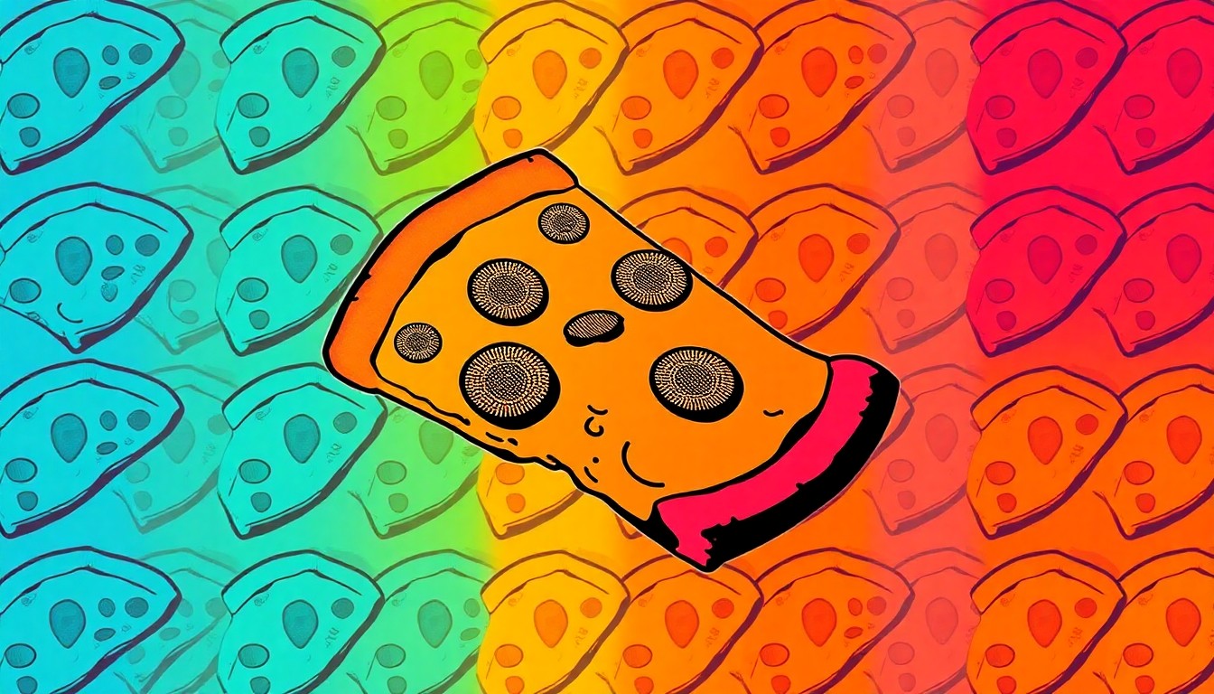 A high-contrast, brightly colored silkscreen print of a single, iconic pizza slice repeated in a tight grid pattern, capturing the vibrant and diverse pizza culture of Denver.