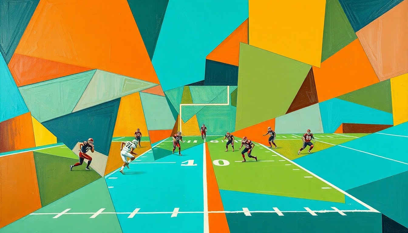 A cubist, geometric painting depicting fragmented, overlapping shapes and planes in shades of blue, orange, and green, representing the complex decisions facing the Dolphins' front office.