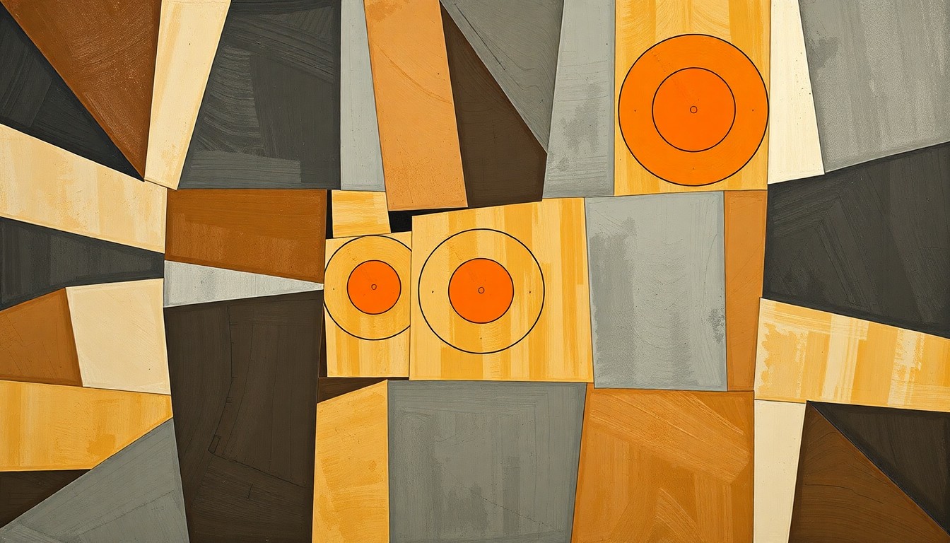 A cubist-style painting featuring fragmented, overlapping geometric shapes in earth tones, grays, and bright orange representing the elements of a trap shooting competition.