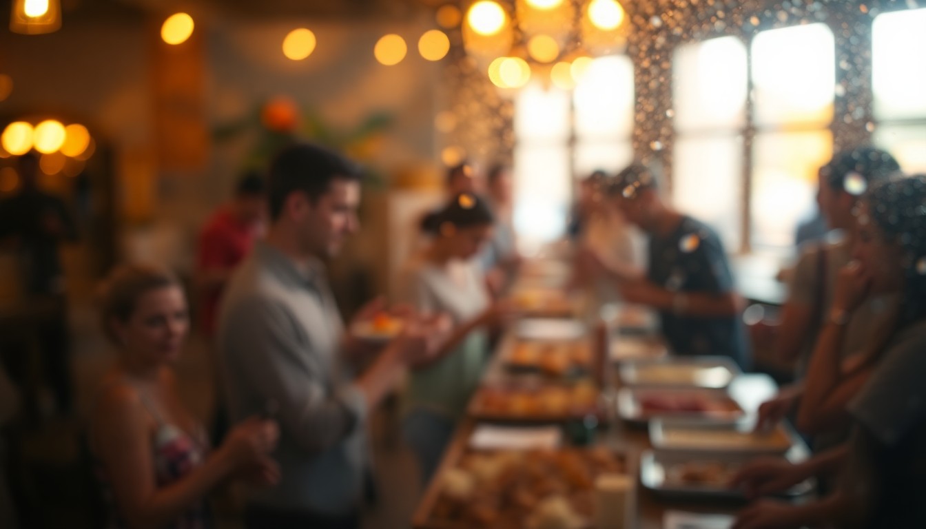 An extremely abstracted, out-of-focus photograph in warm, golden tones, capturing the blurred silhouettes of people enjoying a community food tasting event, with soft pools of light and a sense of inviting atmosphere.