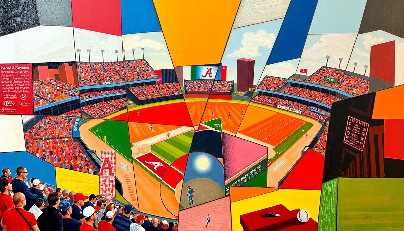A cubist, geometric painting depicting a baseball game between Arkansas and Alabama, with sharp, overlapping planes of red and crimson colors colliding in a dynamic, fractured composition.