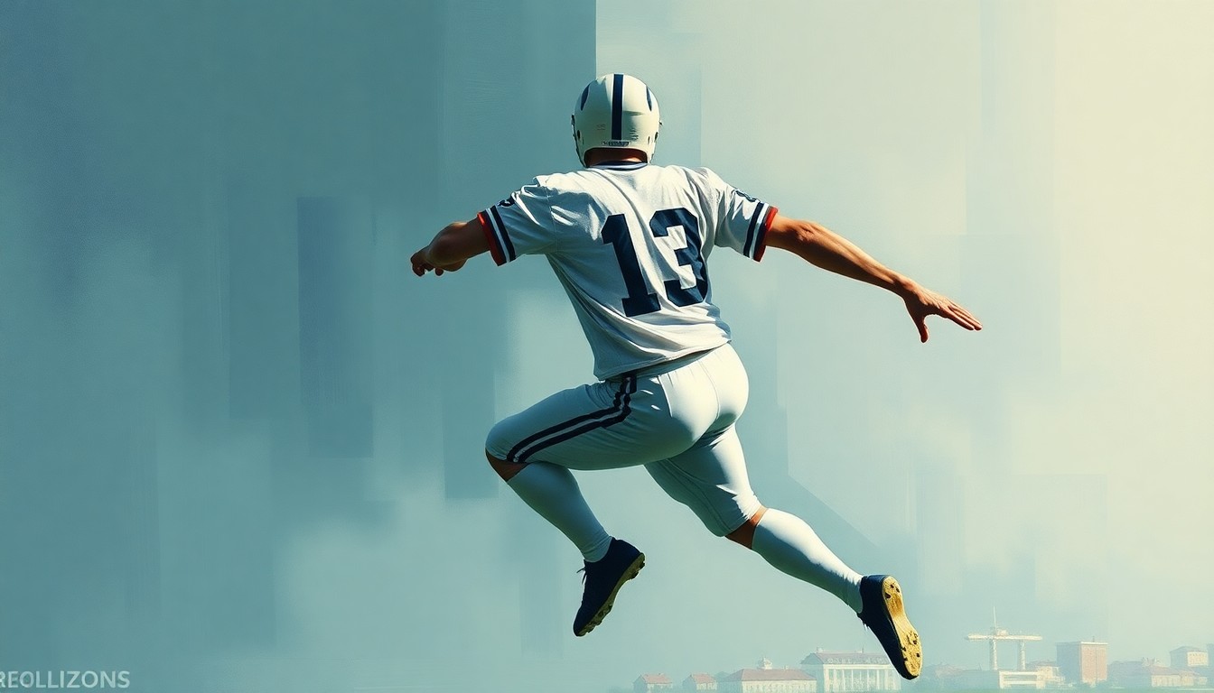 A fragmented, geometric painting depicting a football player in motion, with sharp, overlapping planes of color in a muted palette representing the Jaguars' confidence in their young running back.