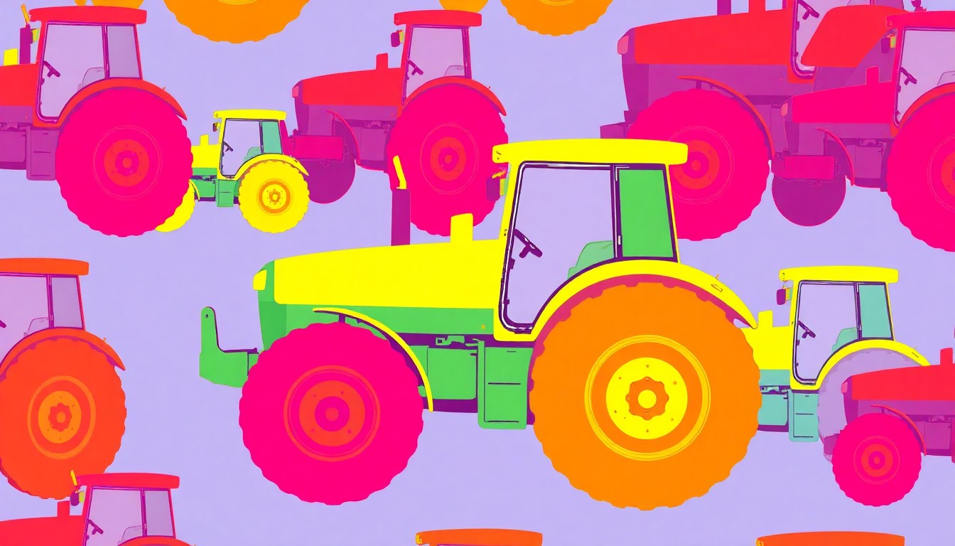 A bold, colorful silkscreen-style illustration featuring a repeated icon of a farm tractor in a grid pattern, capturing the vibrant energy and educational focus of the new Arkansas Agri Pilot Program.