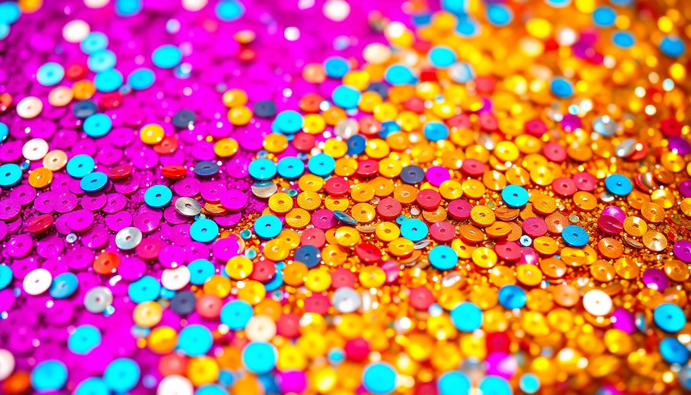 An extreme close-up of shimmering, reflective sequins in a kaleidoscope of vibrant colors like hot pink, electric blue, and shimmering gold, creating a high-fashion, red-carpet aesthetic.
