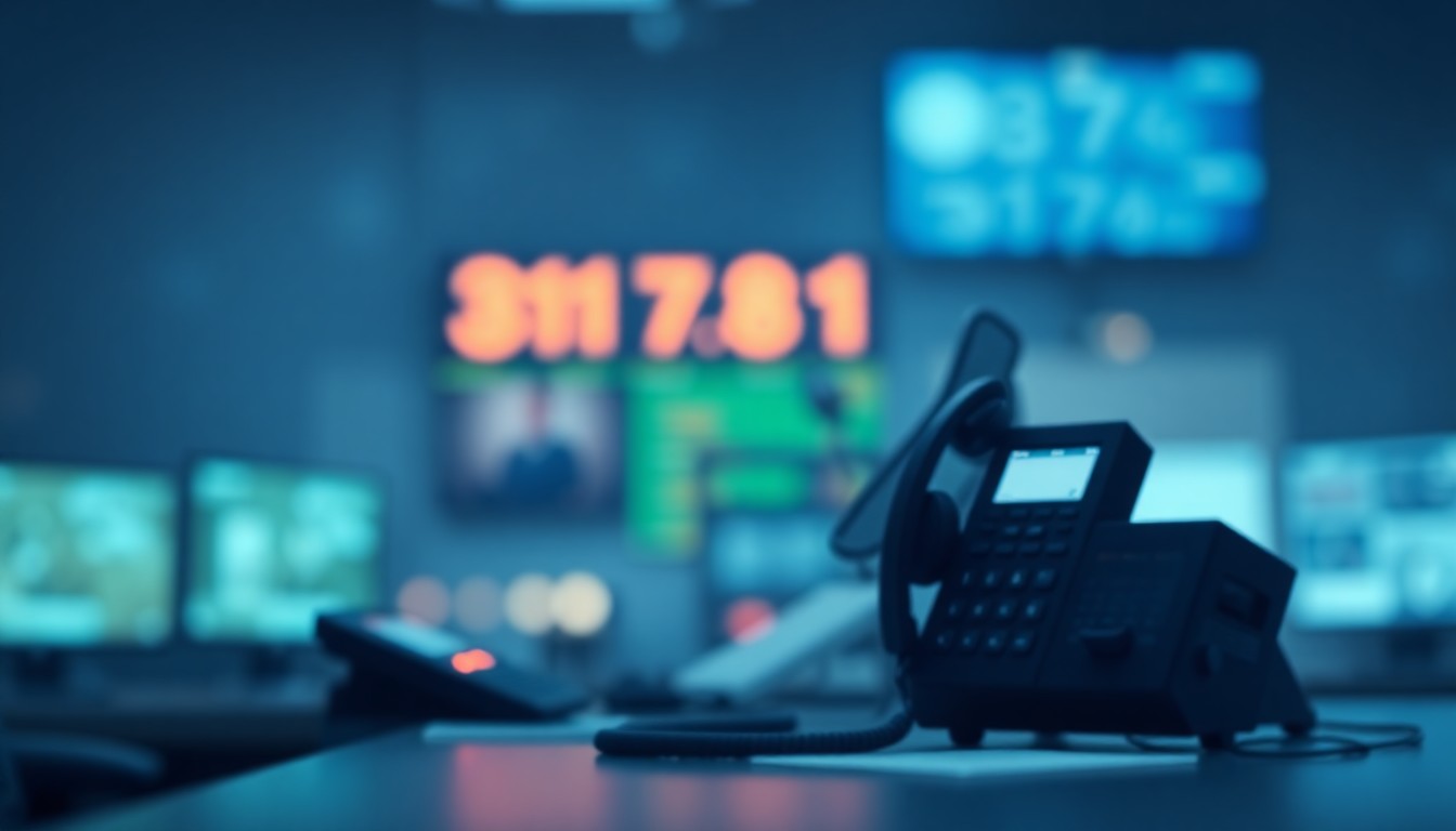 A softly blurred, impressionistic scene of a 911 operator's desk, with muted tones and a dreamlike quality conveying the calm yet intense atmosphere of an emergency dispatch center.