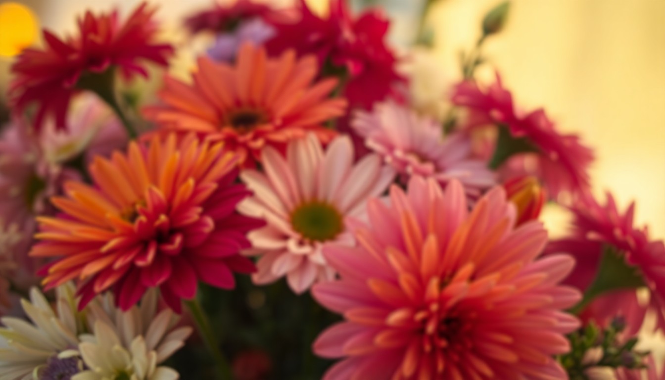An abstract, out-of-focus photograph featuring a bouquet of colorful flowers in soft, warm tones, conveying the creative spirit and community impact of Debra Gleckler's work as a local florist.