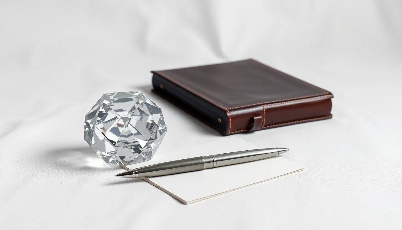 A minimalist studio still life photograph featuring a glass paperweight, metal pen, and leather-bound ledger book arranged elegantly on a clean white background, conceptually representing the precision and professionalism of the real estate industry.