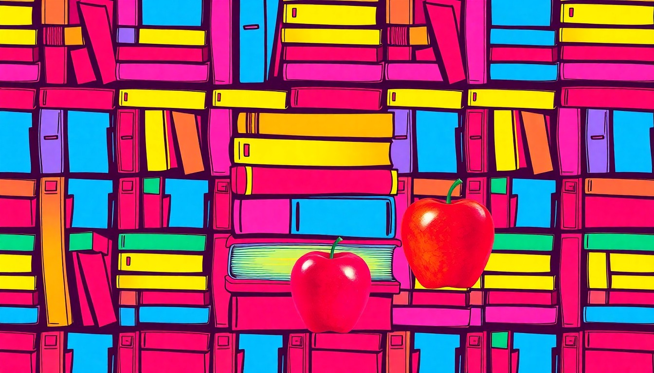 A vibrant, high-contrast silkscreen print featuring a repeating pattern of textbooks and an apple, representing the tools of the teaching profession, rendered in a bold, pop art style.