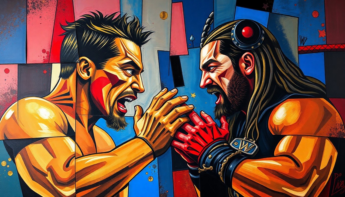 A fractured, geometric painting depicting the dynamic action and tension of a wrestling match between two figures, their forms broken down into sharp, overlapping planes of color.