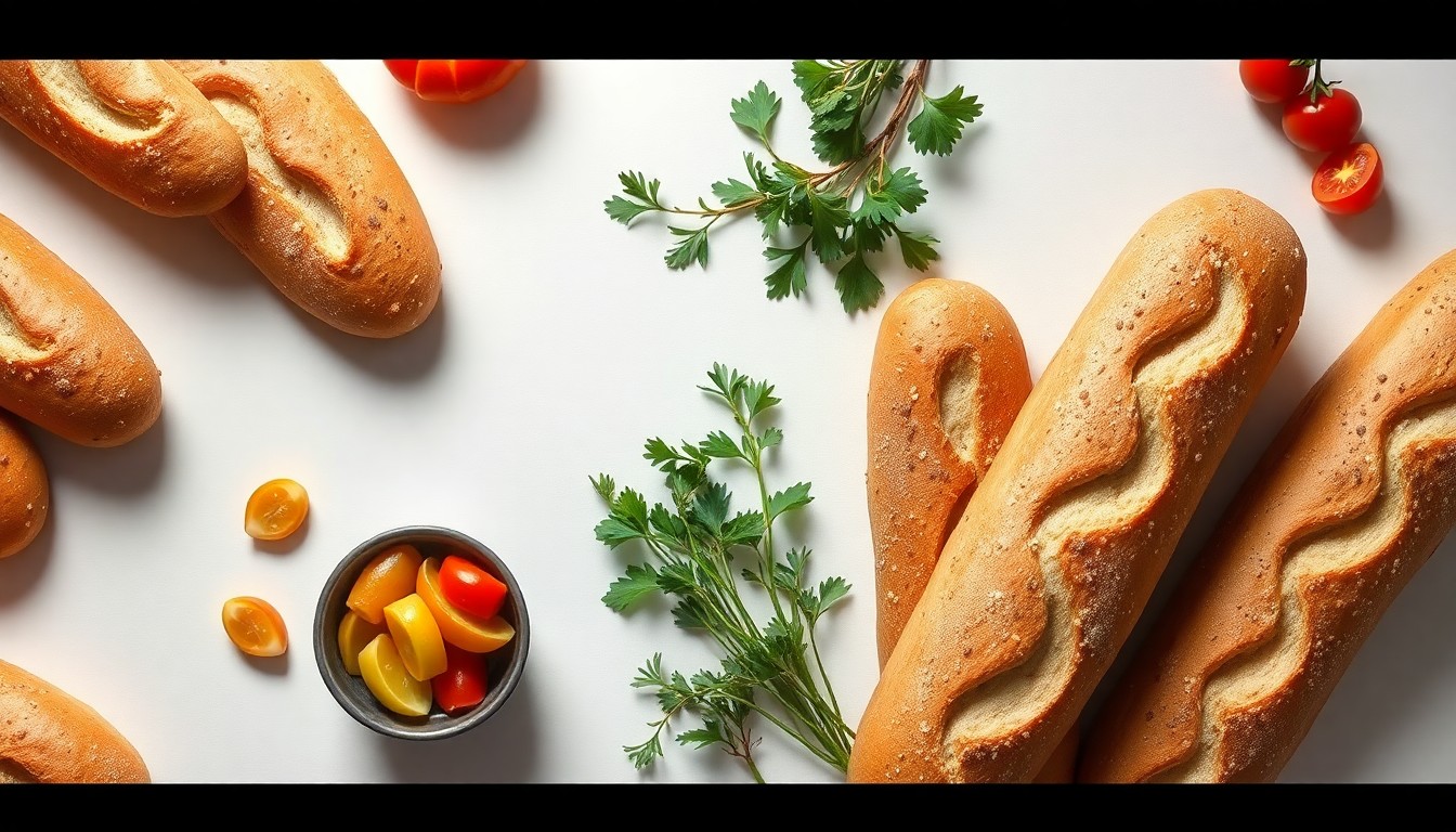 A high-end, photorealistic studio still-life photograph featuring a neatly arranged display of freshly baked Vietnamese-style baguettes, pickled vegetables, and aromatic herbs on a clean, white background. The lighting is dramatic, with sharp shadows and highlights that emphasize the premium quality and craftsmanship of the ingredients.