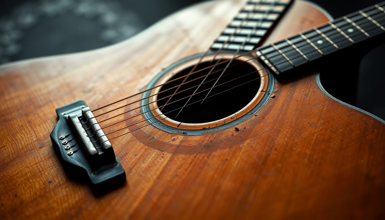 An extreme close-up photograph of the weathered, textured surface of an acoustic guitar, capturing the rugged beauty and history of this iconic instrument that has accompanied Willie Nelson on countless tours.