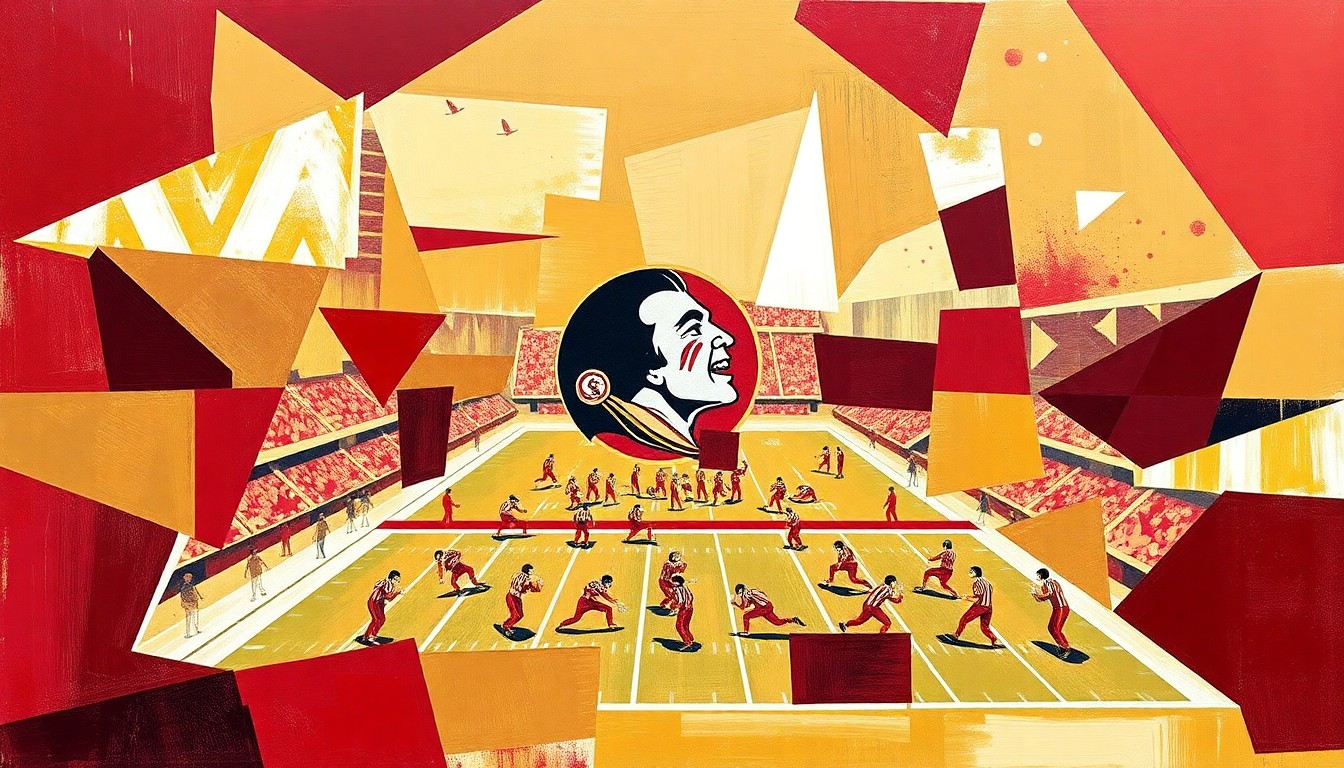 A fragmented, geometric painting in garnet and gold hues depicting various football actions and players, conceptually representing the Seminoles' efforts to reconstruct their team during the offseason.