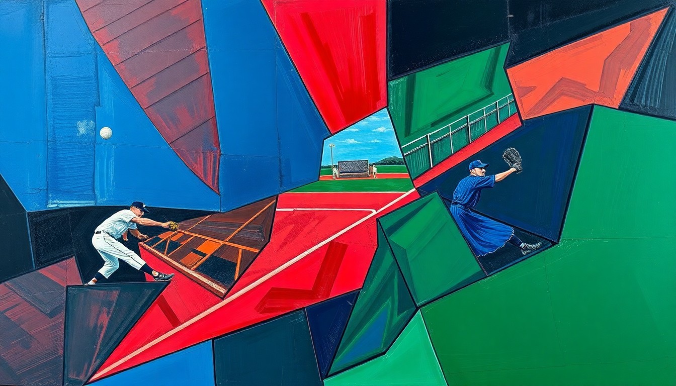 A fractured, cubist-style painting depicting the action and energy of a softball game, with sharp geometric shapes and planes in vibrant colors representing the intensity and determination of the players.