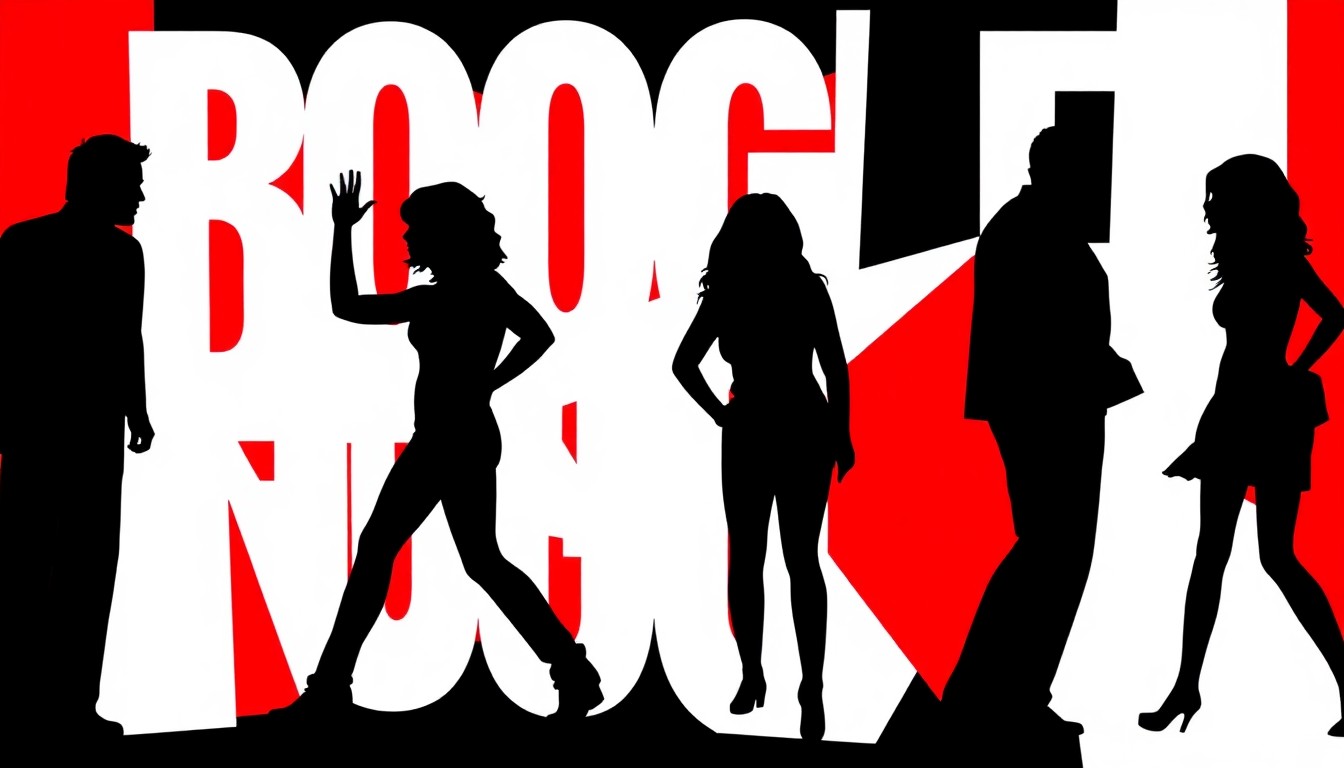 An abstract, minimalist illustration featuring bold, jagged shapes in high-contrast red and black, conceptually representing the themes and impact of the film Boogie Nights.