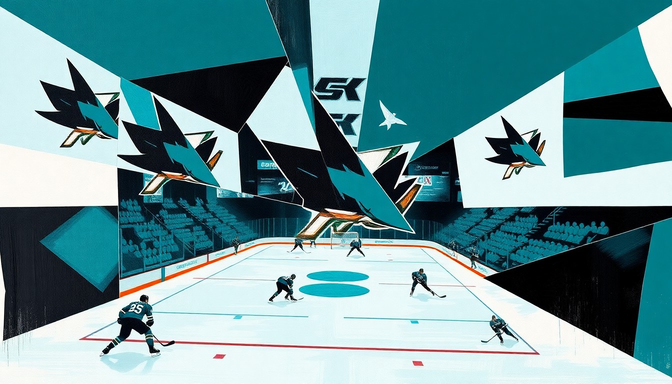 A cubist, geometric painting depicting a Sharks hockey game, with sharp, overlapping planes of teal, black, and white colors representing the team's energy and competitive spirit.