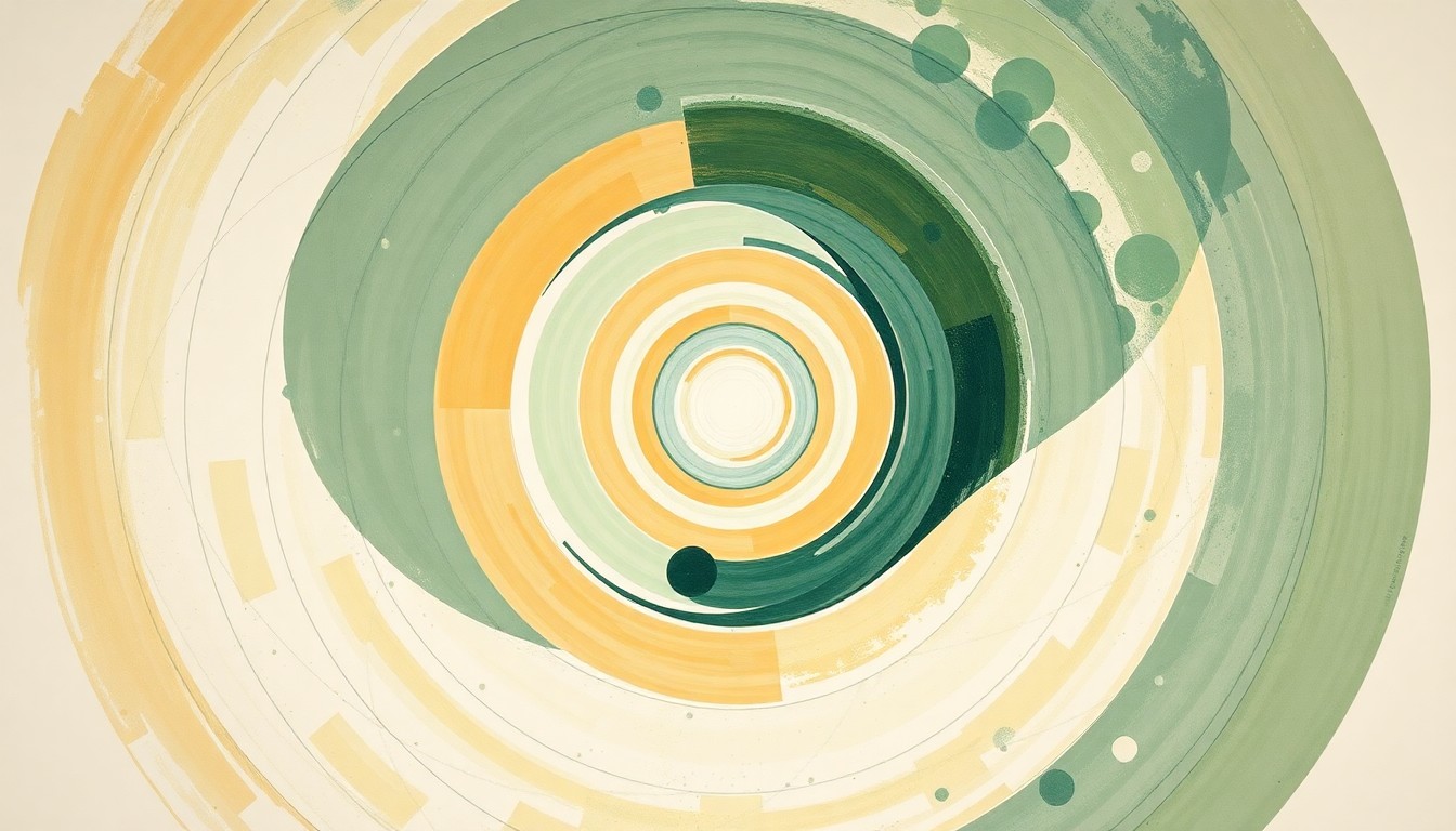 An abstract, highly structured painting in soft, earthy tones of green, blue, and ochre, featuring sweeping geometric arcs, concentric circles, and precise botanical spirals, conceptually illustrating the interconnected nature of science, technology, engineering, and math disciplines.