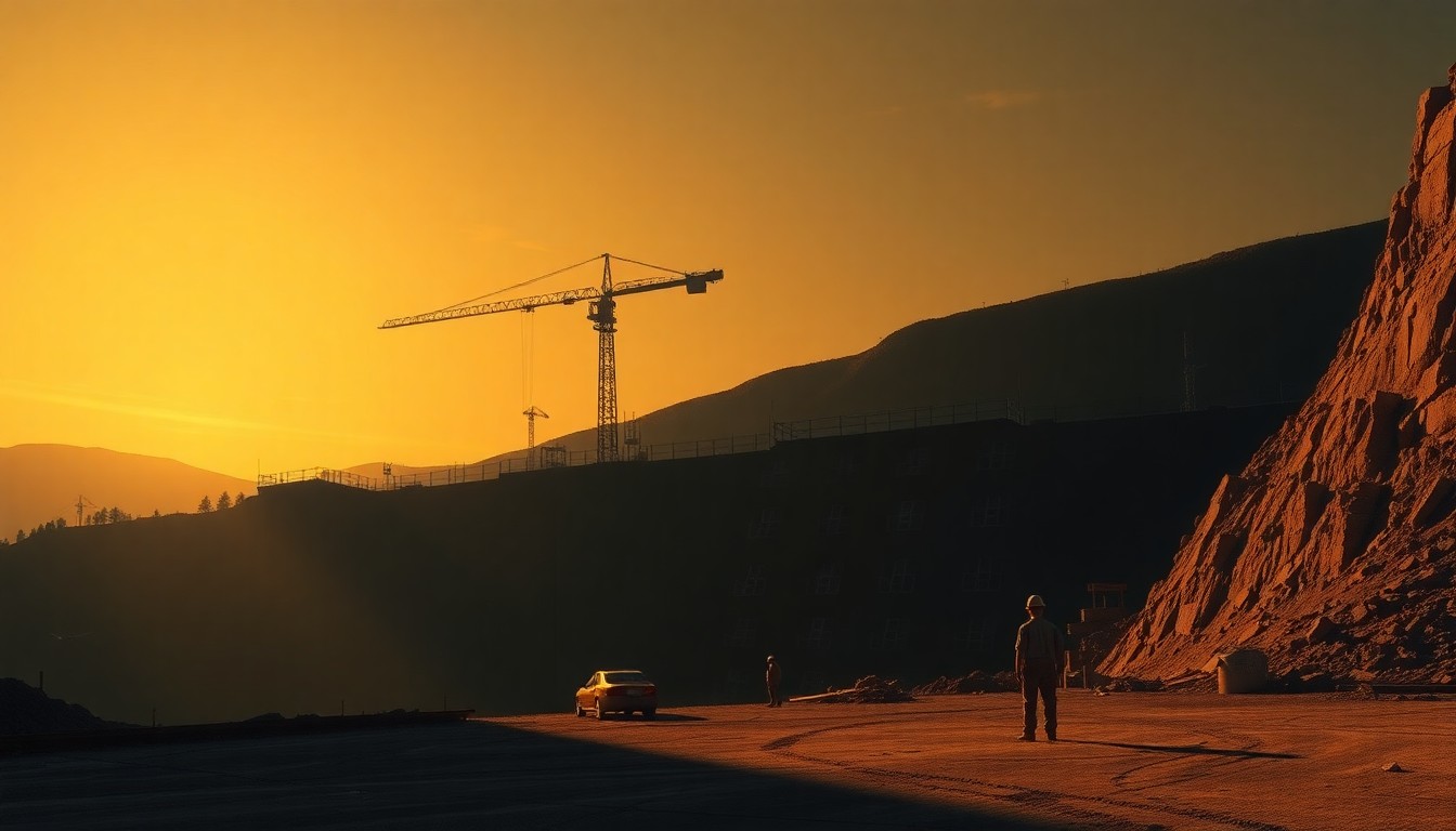 A serene, cinematic painting depicting the EAA Reservoir construction site, with a lone worker in the foreground and the site bathed in warm, diagonal sunlight and deep shadows, conveying a sense of the project's importance and the quiet determination behind its progress.