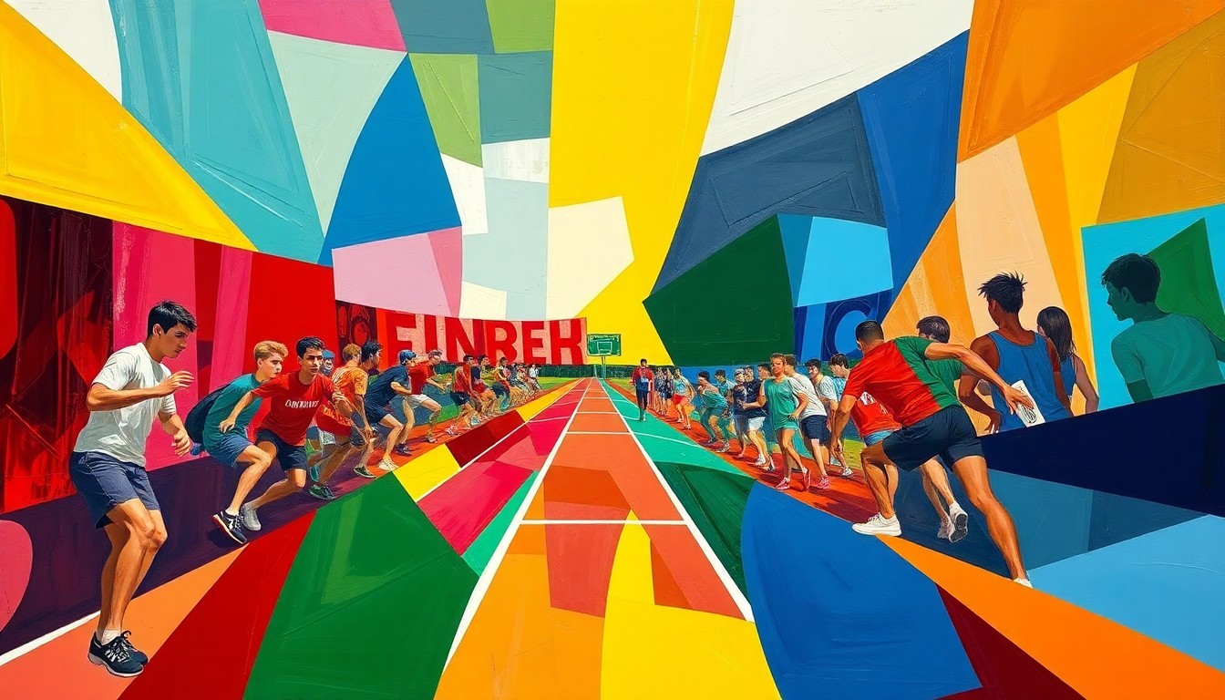 A fragmented, geometric painting depicting the dynamic action of a track and field competition, with overlapping planes of bright colors representing the competing teams.
