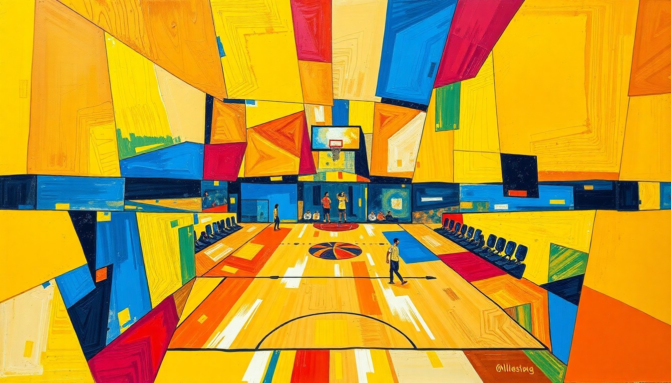 A dynamic, cubist-inspired illustration depicting the energy and movement of a basketball game, with sharp geometric shapes and bold colors capturing the intensity of the action on the court.