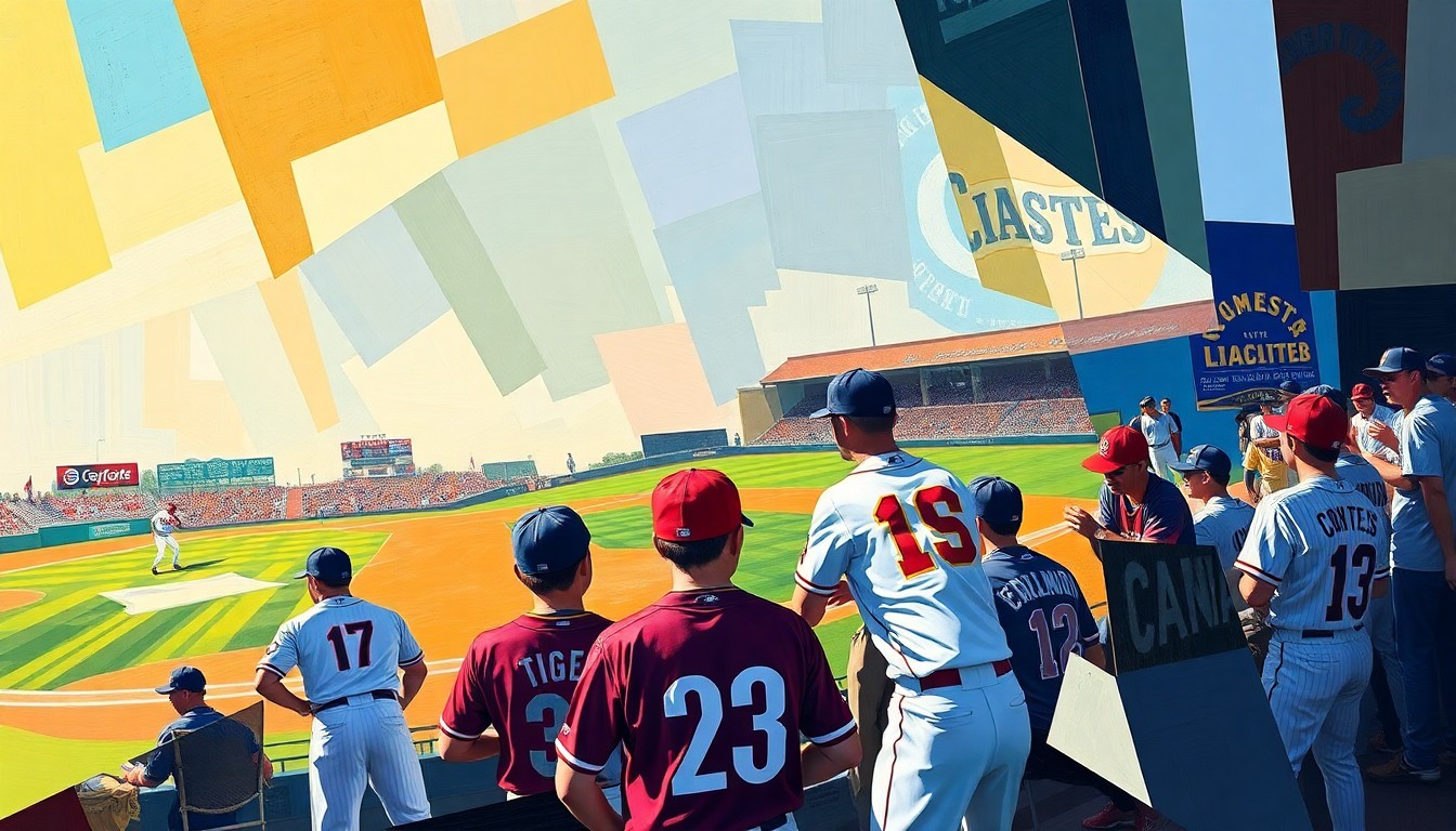 A cubist, geometric painting depicting a high school baseball game, with the players and field broken down into overlapping, angular shapes in the colors of the Uvalde Coyotes and Floresville Tigers uniforms.
