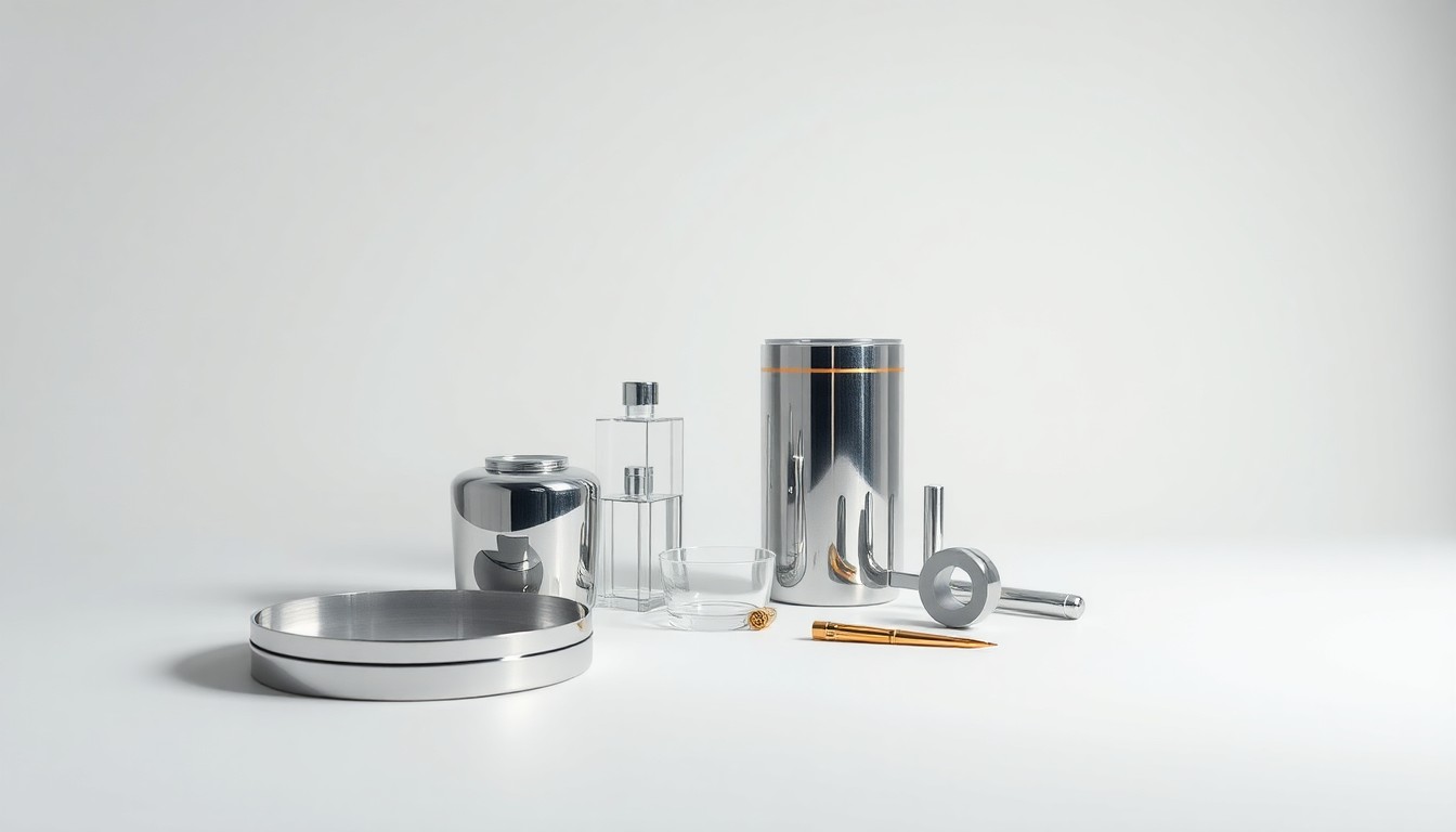 A high-end, photorealistic studio still-life featuring a set of premium metal and glass objects arranged elegantly on a clean, monochromatic background, conceptually representing the abstract concepts of corporate strategy, finance, and risk management in the airline industry.