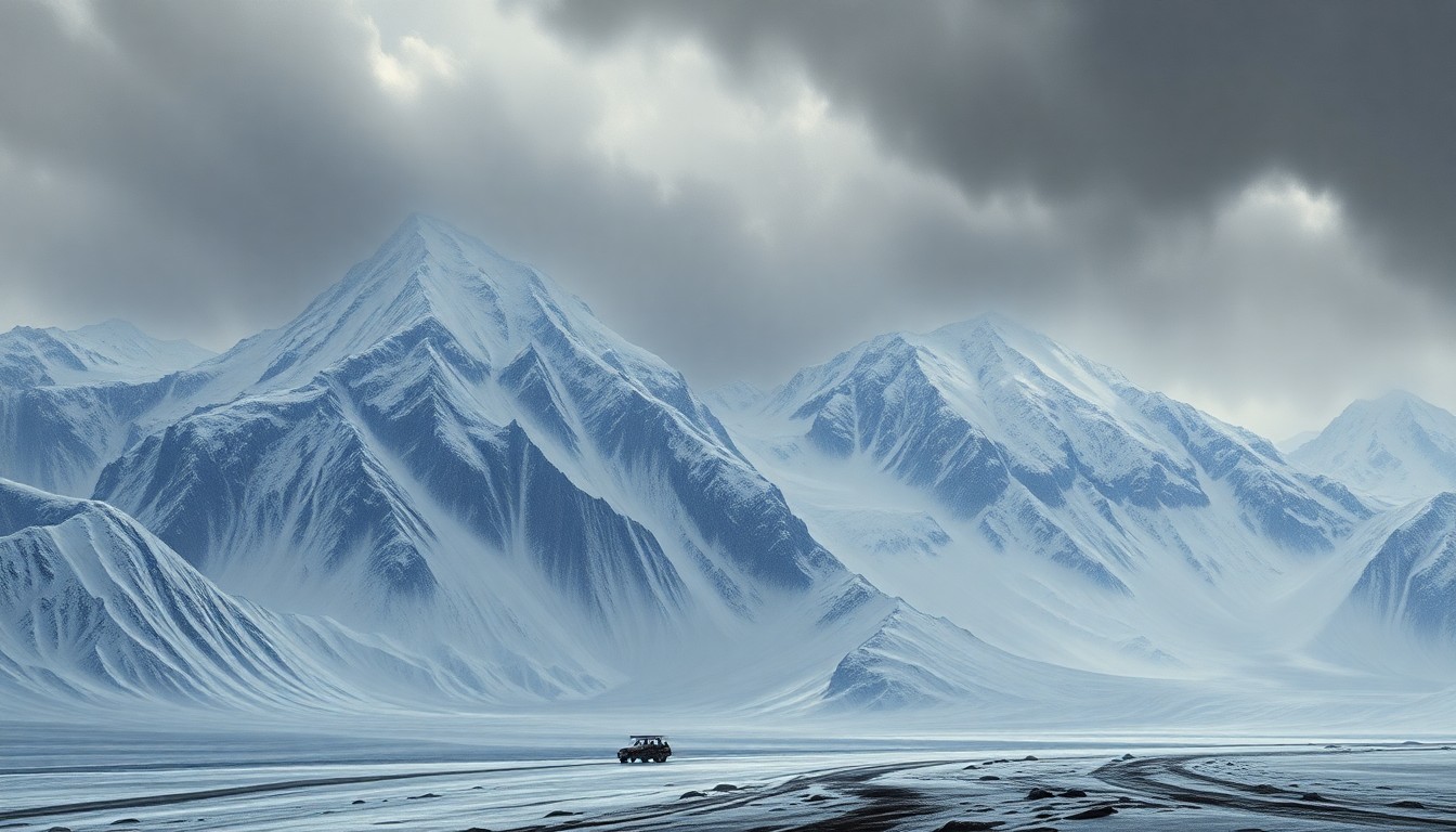 A sweeping, atmospheric landscape painting depicting a snow-covered mountain range under a heavy, overcast sky, with a small, isolated structure or vehicle barely visible in the foreground, dwarfed by the overwhelming scale of the natural world.