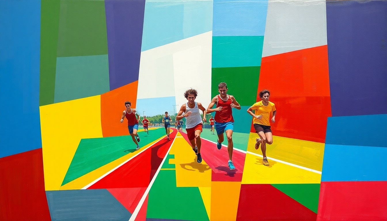 A fractured, multi-perspective painting in vibrant primary colors, depicting the dynamic motion and energy of a high school track race.