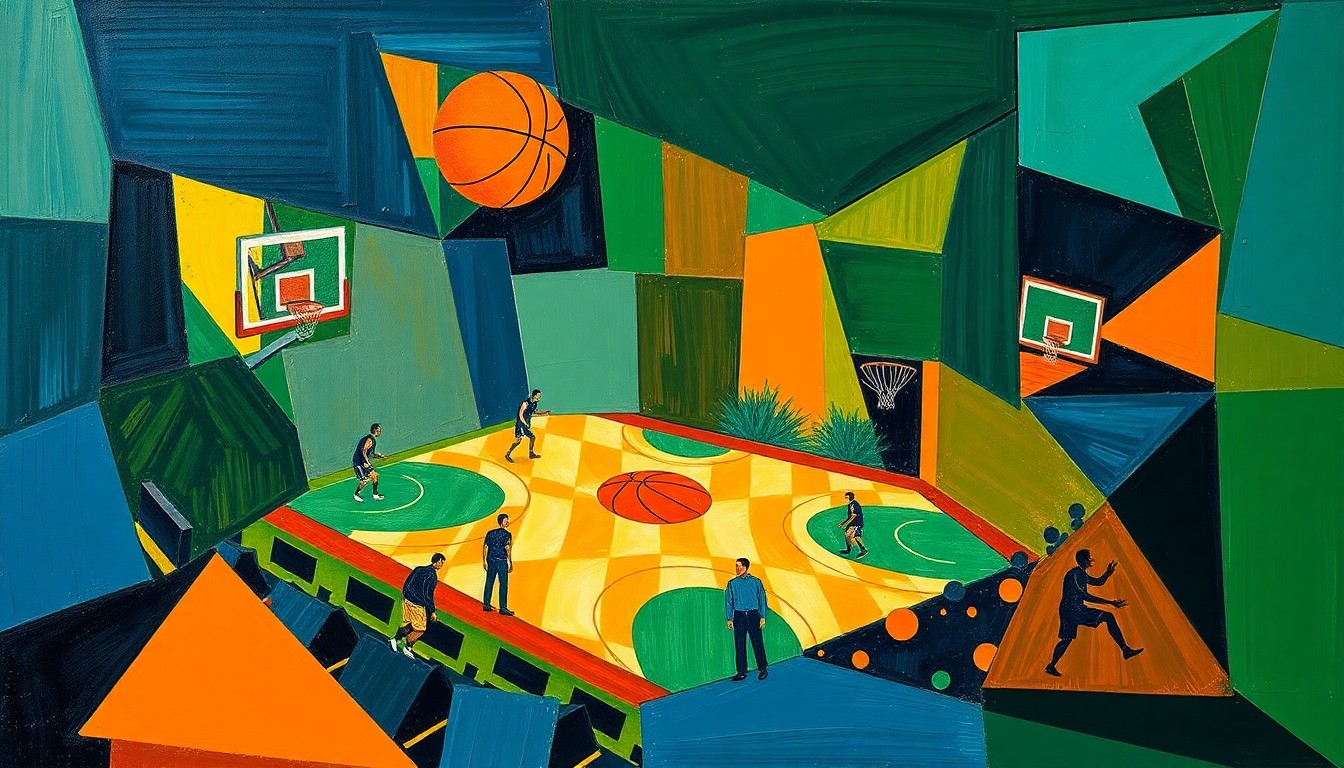 A cubist-style painting featuring overlapping geometric shapes in navy, green, and orange, conceptually representing the transition and uncertainty facing a high school basketball program after the departure of its longtime coach.