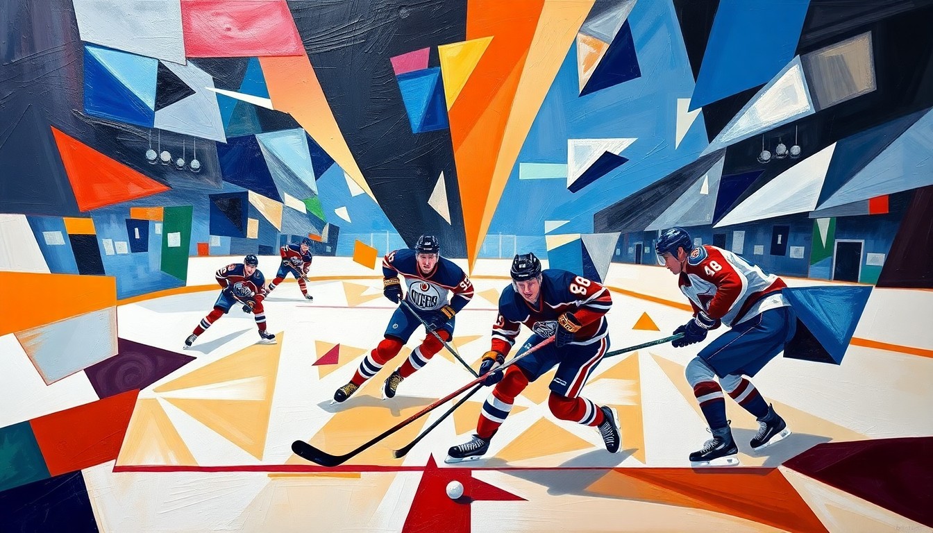 A fractured, geometric painting depicting a hockey game between the Edmonton Oilers and Colorado Avalanche, with the players and puck represented as dynamic, angular shapes in a vibrant color palette.